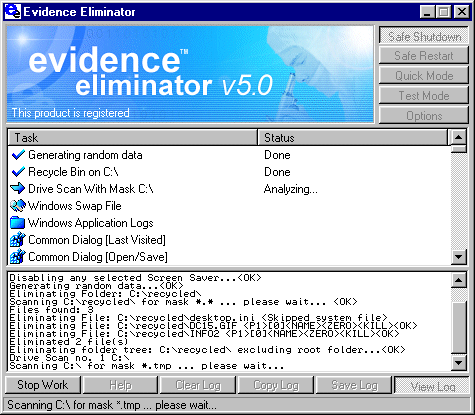 The awesome Evidence Eliminator in action on a standard PC. "My 200 Mhz machine is noticeably faster and now has an additional 100+ meg of hard disk space available. RR, USA" Buy Now!